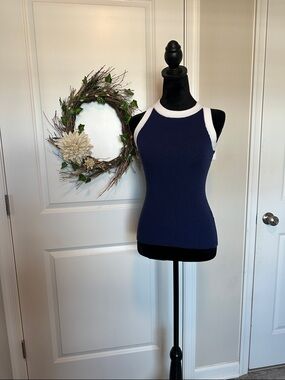 Navy Contrast-Trim Ribbed Tank Top